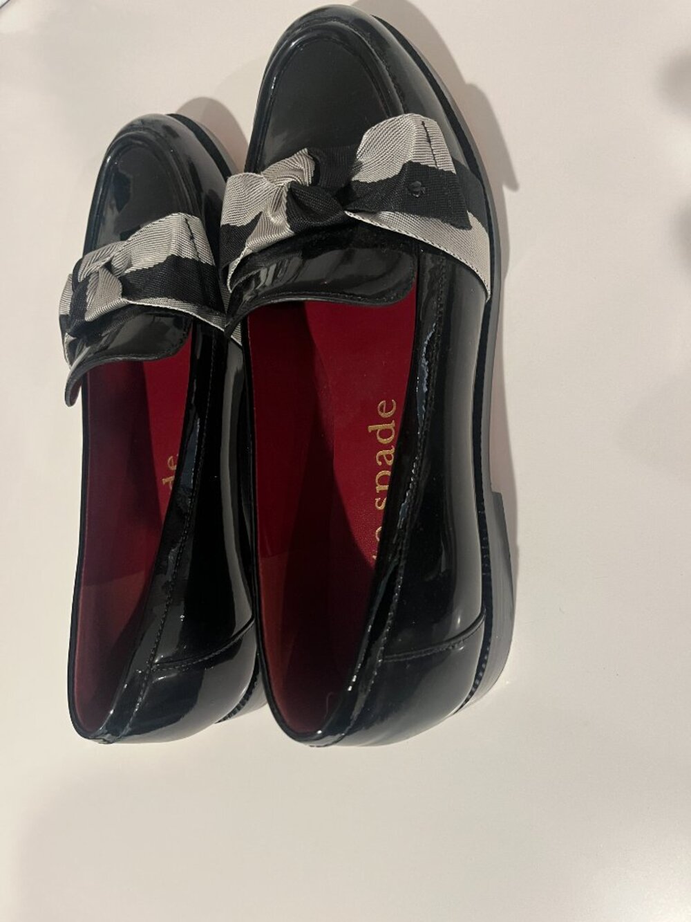 Kate Spade Patent Leather Bow Loafers Black White Size 9B
